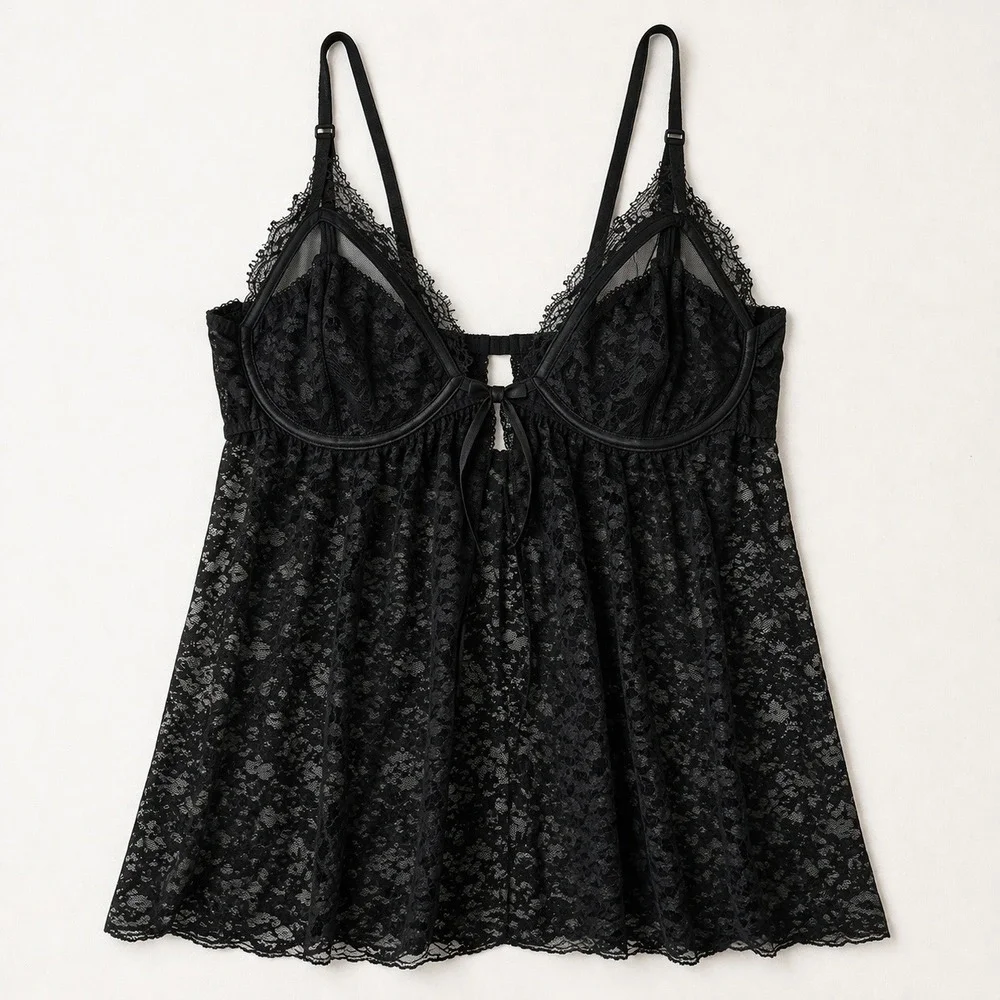 Y2K‎ Black Sheer Mesh Lace Babydoll Cami Lingerie corset vampy Whimsigoth Witchy